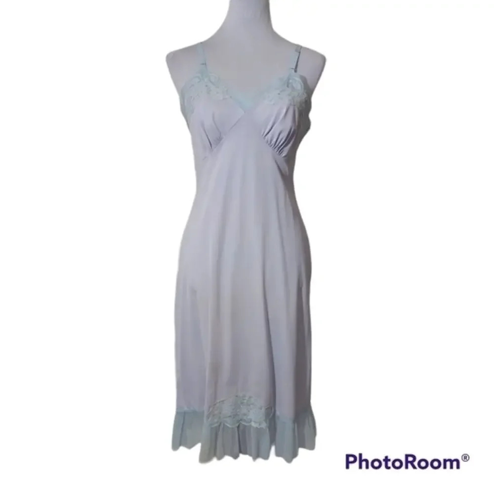 Vintage Baby Blue Kayser Tiny Pleats and Lace Full Slip with Adjustable Shoulder